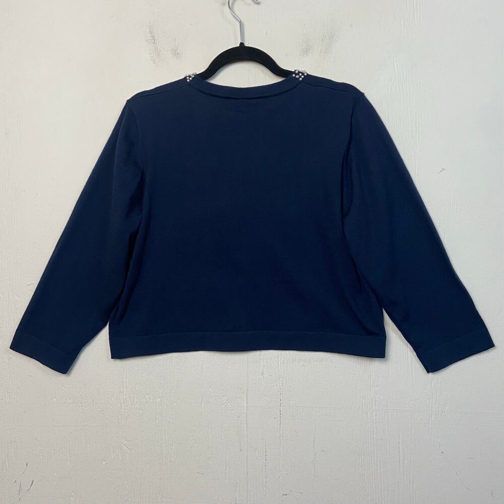 Nina Leonard Navy Blue Open Front Crop Cardigan Sweater NWT Pearl Trim Preppy XL - Picture 6 of 8